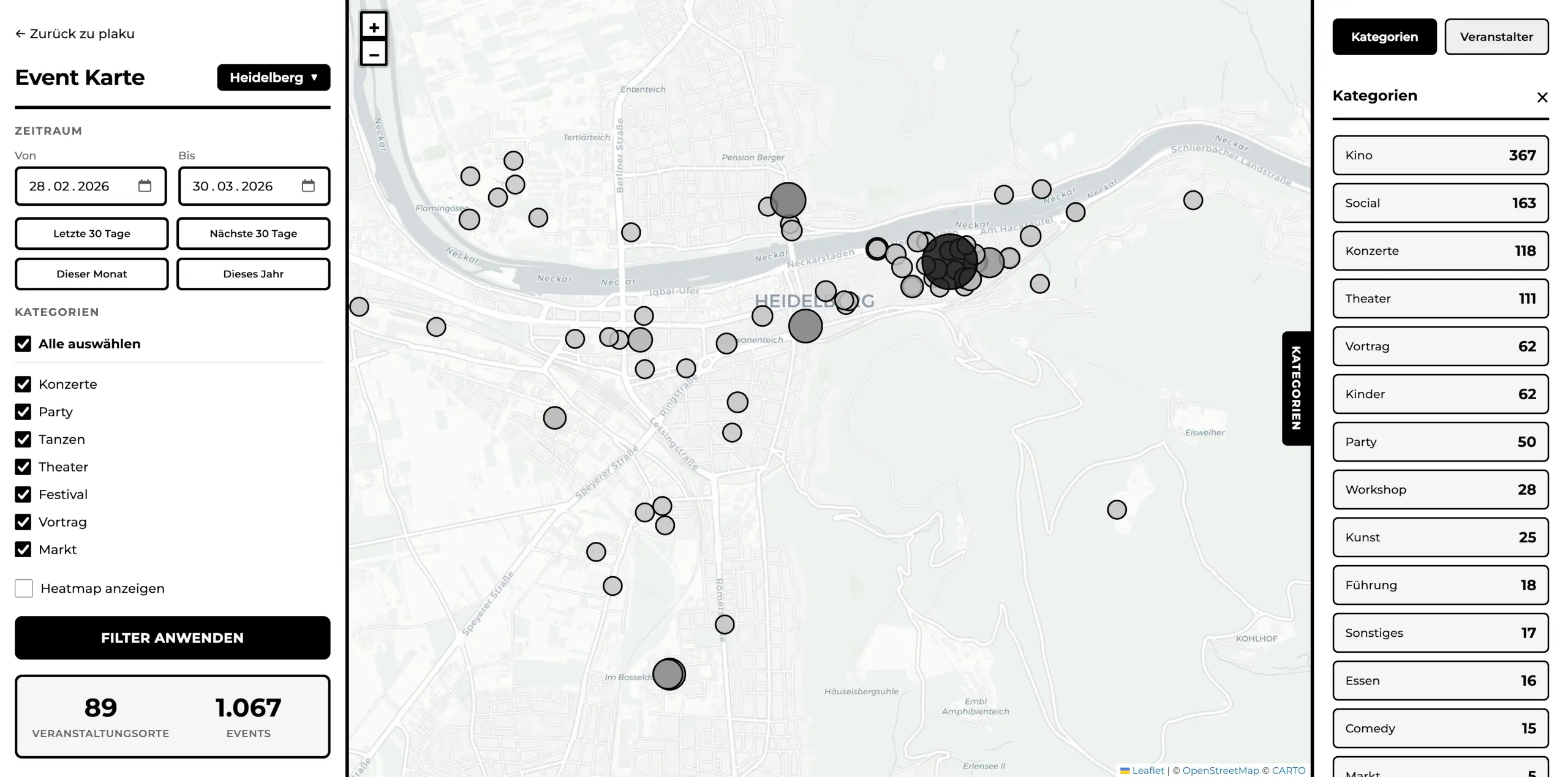 Dashboard-Ansicht mit Karte, Statistiken und Filteroptionen für Veranstaltungsdaten